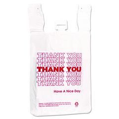 HDPE T-Shirt Bags, Thank You - Have a Nice Day Labeling, Cut-Out Handles, 12" x 7" x 23", White/Red, 500/Carton