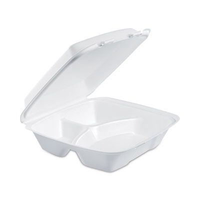 Foam Hinged Lid Container, 3 Compartments, 8 oz, 9 x 9.4 x 3, White, 100/Sleeve, 2 Sleeves/Carton