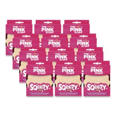 Sqeezy Dual-Sided Sponge and Scrubber, 4" x 5.3", 3.8" Thick, Pink/Ivory, 12/Carton