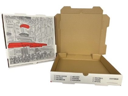Nemco 12x12x2 White Print Pizza Cafe Box White / Kraft B Flute 50 / cs