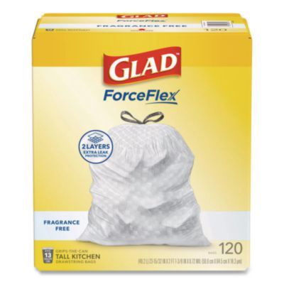 Tall Kitchen Drawstring Trash Bags with LeakGuard, 13 gal, Unscented, 23.47" x 25.38", White, 120/Box