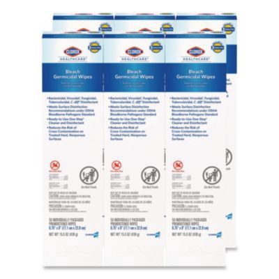 Bleach Germicidal Wipes, Individual Wipes, 1-Ply, 6.75 x 9, Unscented, White, 50/Box, 6 Boxes/Carton