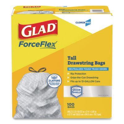 CloroxPro ForceFlex Tall Kitchen Drawstring Trash Bags, 13 gal, 23.75 x 24.88, Gray, 100/Box