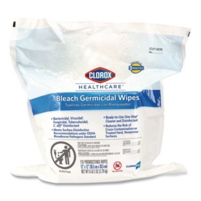 Bleach Germicidal Wipes, Refill for Bucket, 1-Ply, 12 x 12, Unscented, White, 110/Pouch