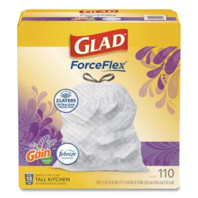 ForceFlex Tall Kitchen Drawstring Trash Bags, 13 gal, Gain Lavender with Febreze Freshness, 10.18 x 9.81, White, 110/Box