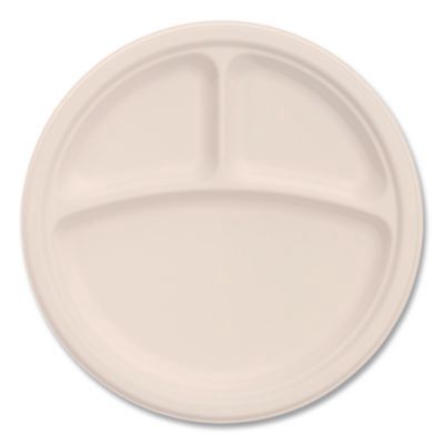 Compostable Molded Fiber Dinnerware, ProPlanet Seal, 3-Compartment Plate, 9" dia, Natural, 500/Carton