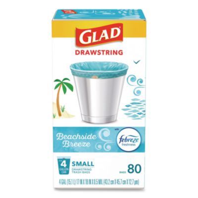 OdorShield Small Drawstring Trash Bags, 4 gal, Beachside Breeze Scent, 0.5 mil, 18" x 17", Blue, 80/Box