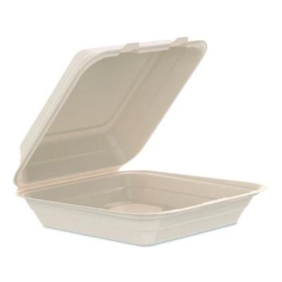 Compostable Molded Fiber Hinged Trays, ProPlanet Seal, 9.14 x 9 x 2.98, Natural, 200/Carton