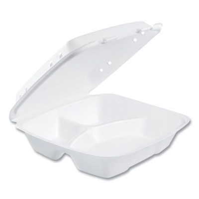 Insulated Foam Hinged Lid Containers, 3 Compartments, 9.01 x 9.4 x 3.1, White, 200/Carton
