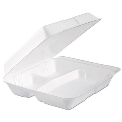 Foam Hinged Lid Container, 3 Compartments, 9.3 x 9.5 x 3, White, 100/Bag, 2 Bag/Carton