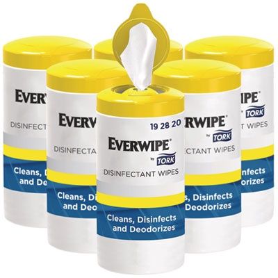 Everwipe by Tork Disinfectant Wipe Canisters, 1-Ply, 7 x 7, Lemon, White, 75 Sheets/Canister, 6/Carton