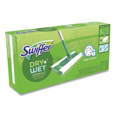 Sweeper Mop Dry + Wet Deluxe Starter Kit, 10 x 4.8 White Cloth Head, 46" Silver/Green Aluminum/Plastic Handle