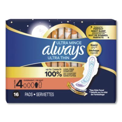 Ultra Thin Overnight Pads with Wings, Size 4, Overnight Absorbency, 16/Pack, 6 Packs/Carton