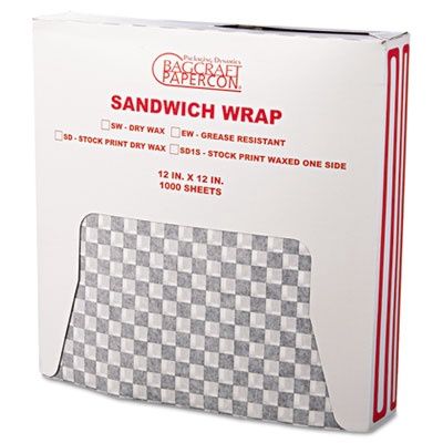 Grease-Resistant Paper Wraps and Liners, 12" x 12", Black Check, 1000/Box, 5 Boxes/Carton