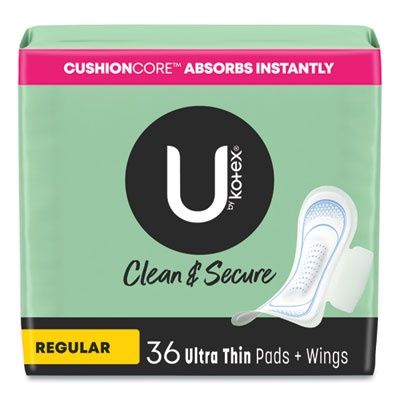 U by Kotex Security Ultrathin Pad with Wings, Regular Absorbency, Unscented, Regular, 36/Pack