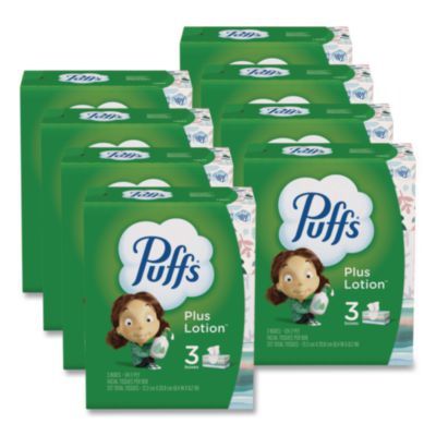 Plus Lotion Facial Tissue, 2-Ply, White, 124 Sheets/Box, 3 Box/Pack, 8 Packs/Carton