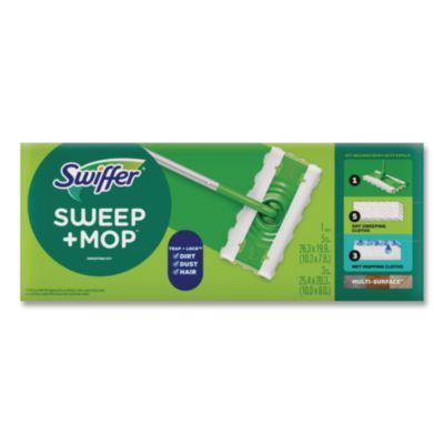 Sweep and Mop 2-in-1 Dry + Wet Floor Mopping and Sweeping Kit, 12.4 x 2.95 Mop Head, Silver Plastic Handle