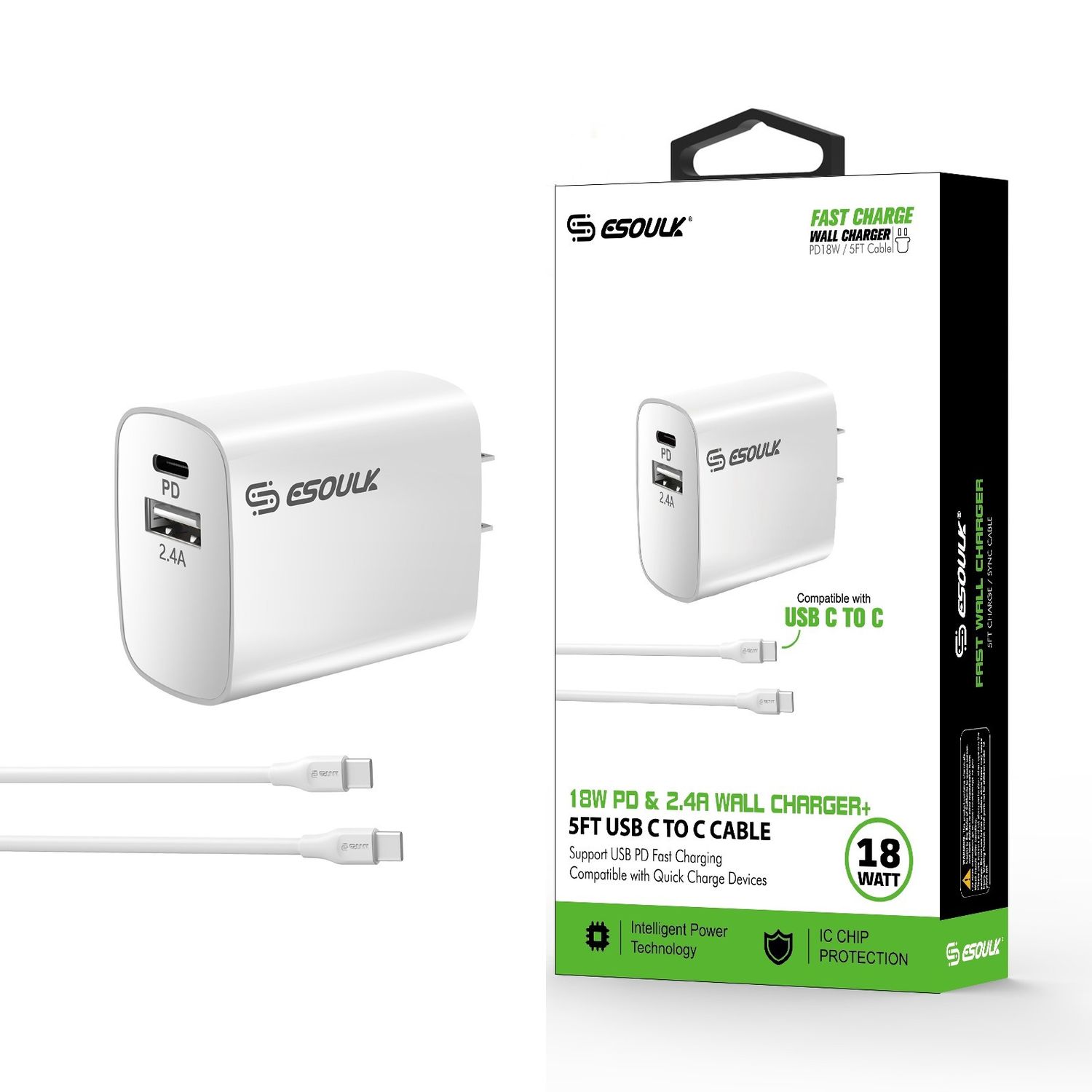 EC10P-CC-WH:18W Wall Charger PD &amp; USB-A With 5ft C To C Cable