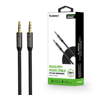 EC31P-AX-BK: Esoulk 3M [10ft] Nylon Fabric Tangle-Free Male To Male 3.5mm Auxiliary Cable Black
