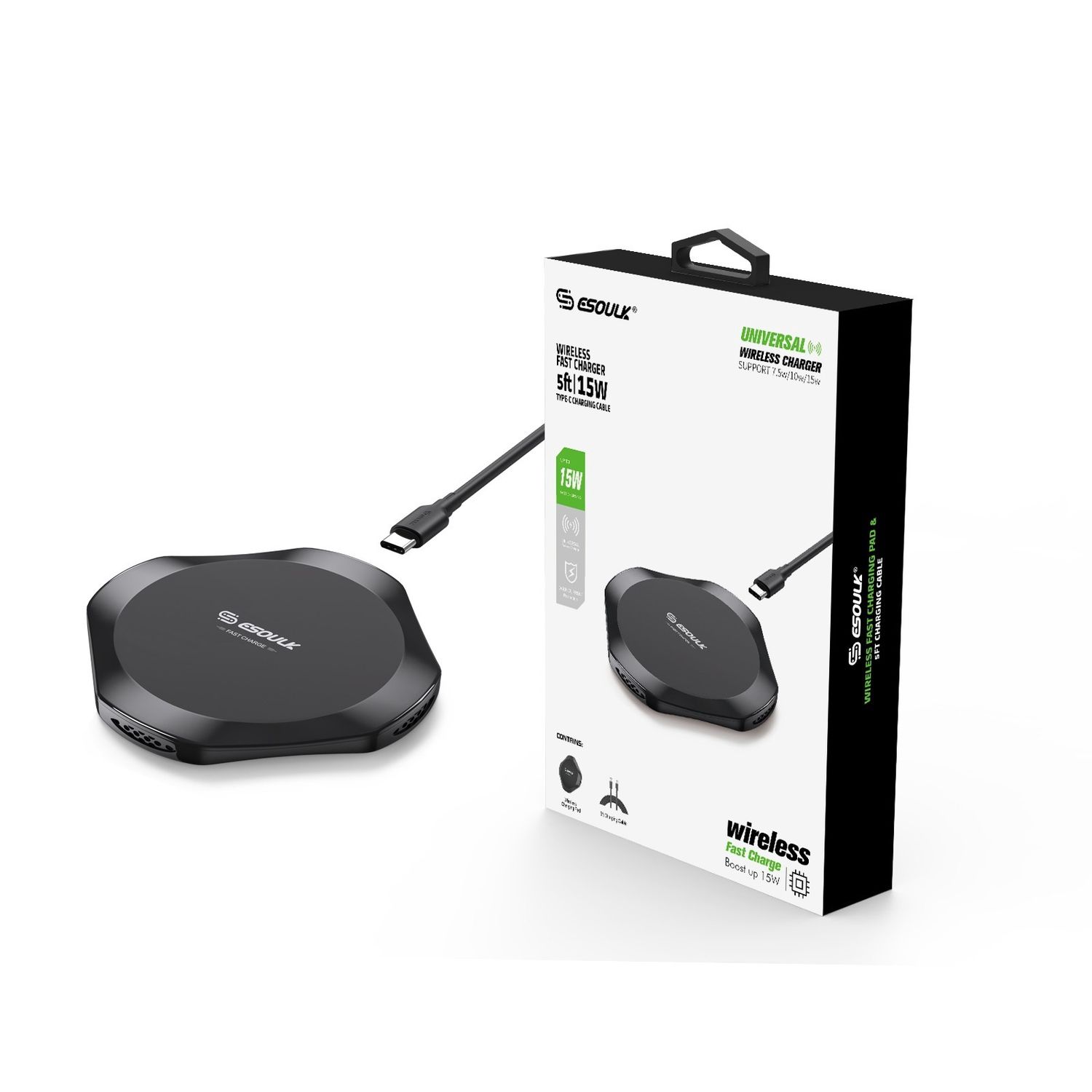 EW05BK: 15W UNIVERSAL WIRELESS CHARGER &amp; 5FT TYPE-C CHARGING CABLE