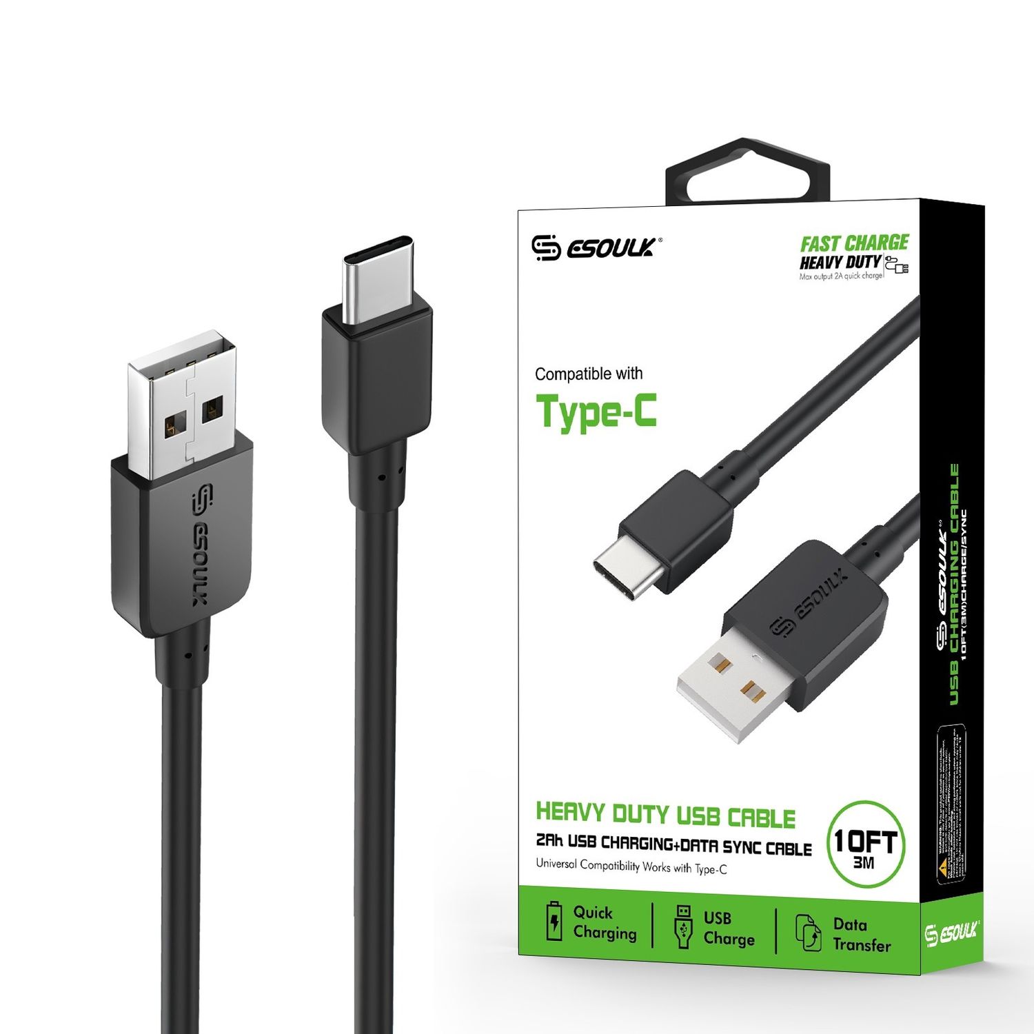 EC38P-TPC-BK: 10FT Heavy Duty USB Cable 2A For Type-C Black SKU: EC38P-TPC-BK