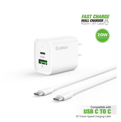 ESOULK  EC49-CC-WH 20W PD/QC Wall Charger &amp; 5FT Cable for C to C