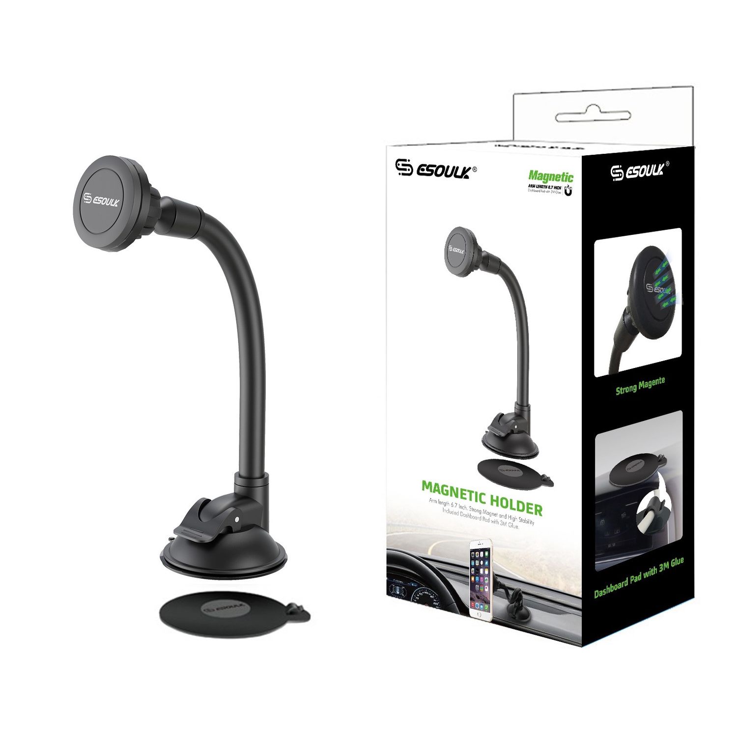 EH22P-BK Esoulk Car Dashboard Mount Long Magnetic Phone Holder Universal 360° Mounting Plate