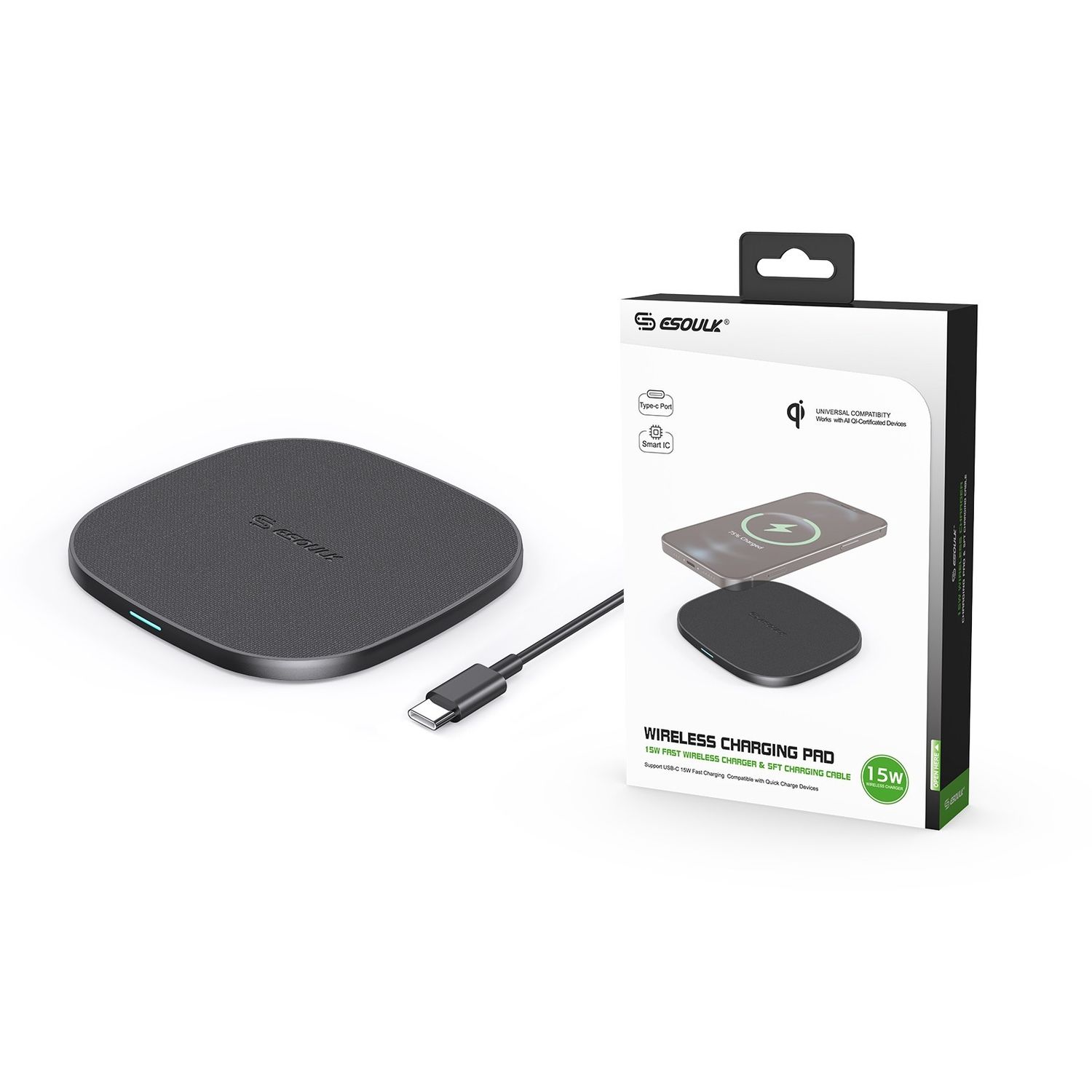 EW06-BK:15W QI WIRELESS CHARGER &amp; 5FT TYPE-C CHARGING CABLE