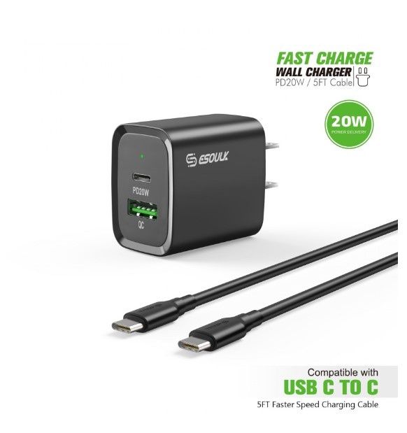ESOULK EC49-CC-BK 20W PD/QC Wall Charger &amp; 5FT Cable for C to C
