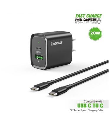 ESOULK EC49-CC-BK 20W PD/QC Wall Charger &amp; 5FT Cable for C to C