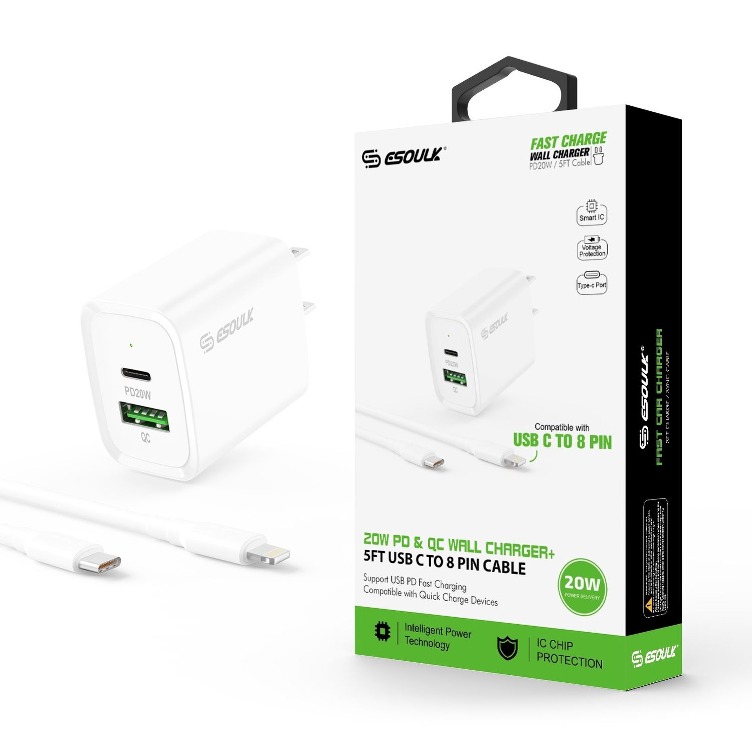 EC49-CL-WH 20W PD/QC Wall Charger &amp; 5FT Cable for C to 8pin