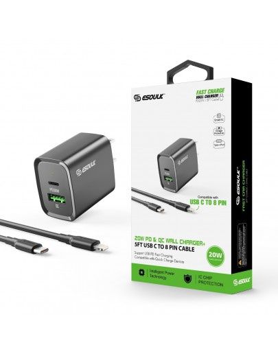EC49-CL-BK: 20W PD+QC FAST WALL CHARGER &amp; 5FT USB C TO 8PIN CABLE