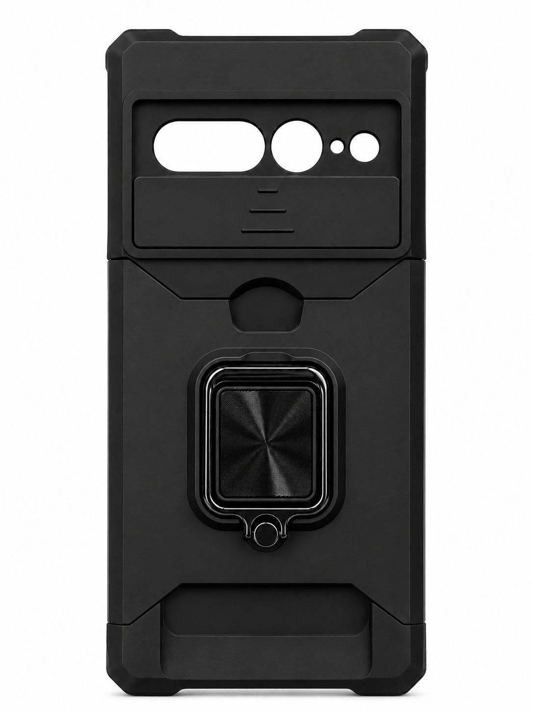Multi-Functional Card Magnetic Ring Stand Hybrid Camera Case for Google Pixel 7 Pro - Black