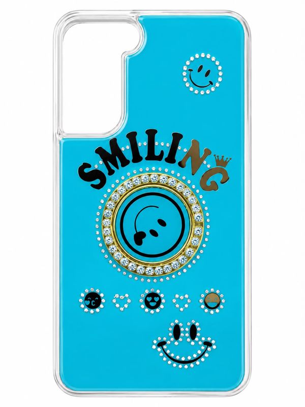 Smiling Glitter Ornament Bling With Ring Stand Hybrid Case Cover For Samsung Galaxy S22 Plus- Blue
