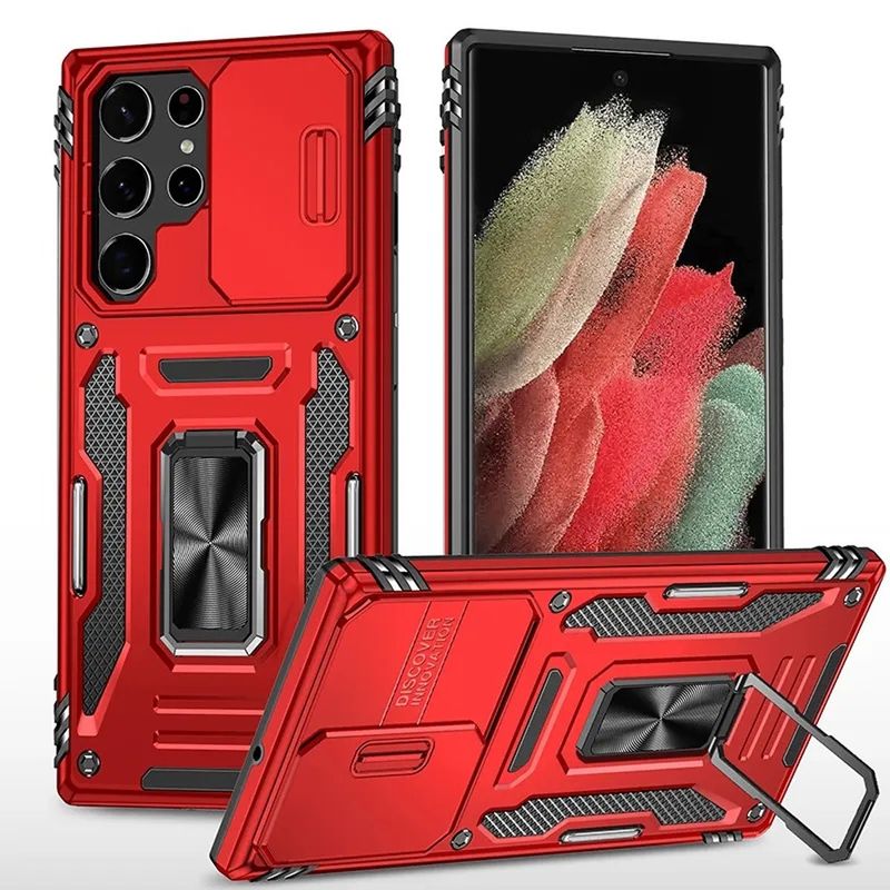 Utter Tough Metal Ring Movable Camera Window Hybrid Case Cover For Samsung s21 Ultra, s30 Ultra- Red