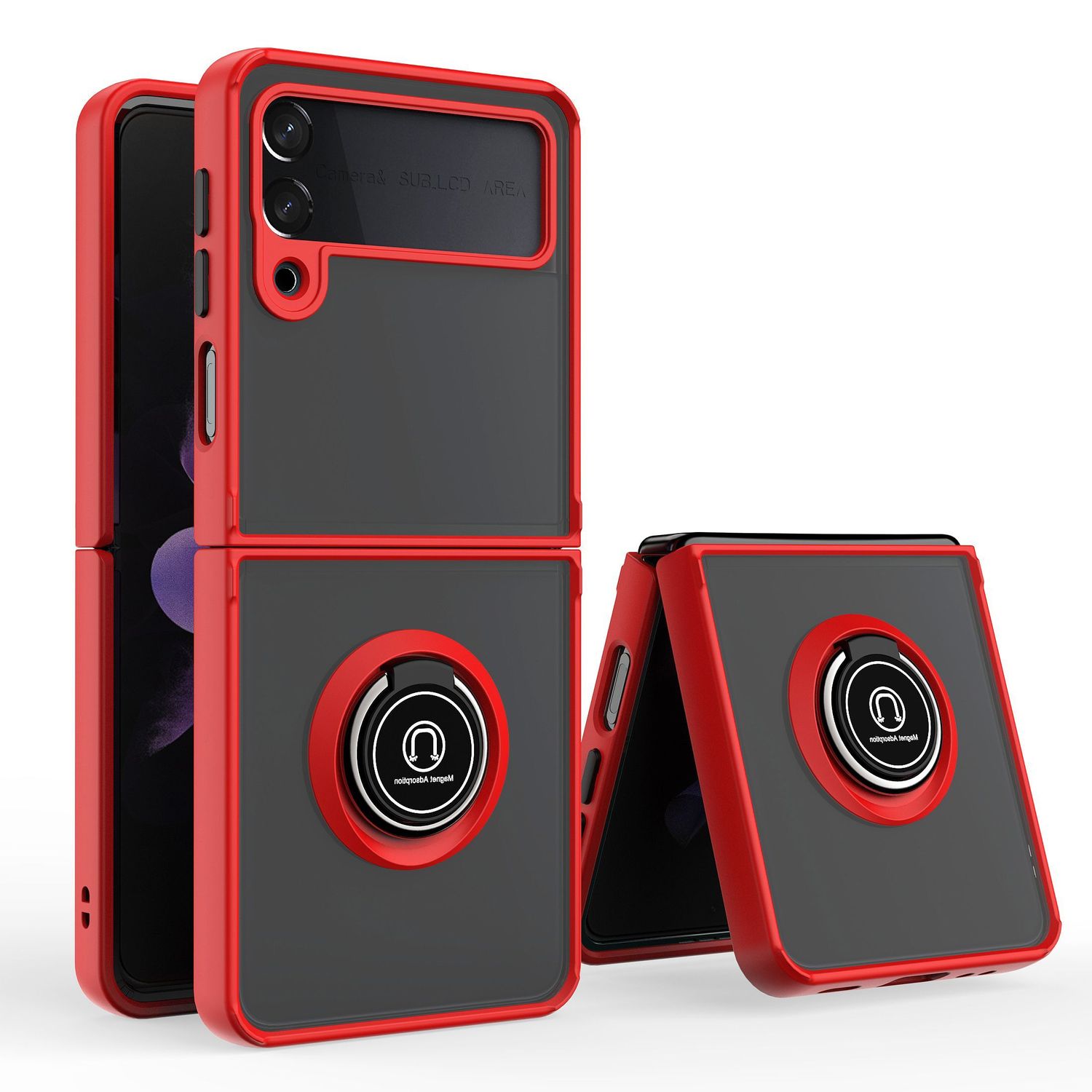 For Samsung Galaxy Z Flip 5 Unique Flip Magnetic Ring Stand Transparent Hybrid Case Cover - Clear+Red
