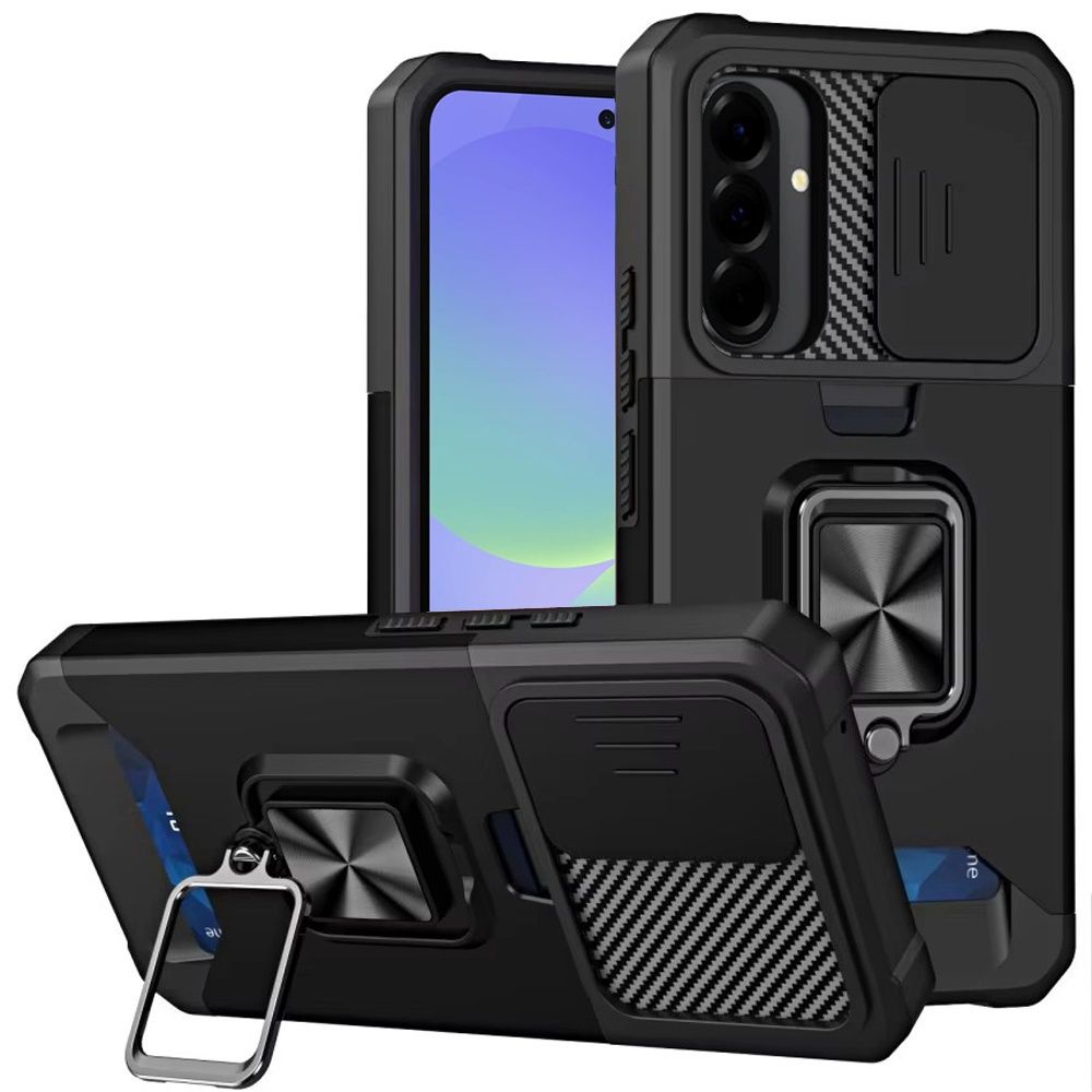 Samsung A14 5G Multi-Functional Card Magnetic Ring Stand Hybrid Camera Case Cover - Black