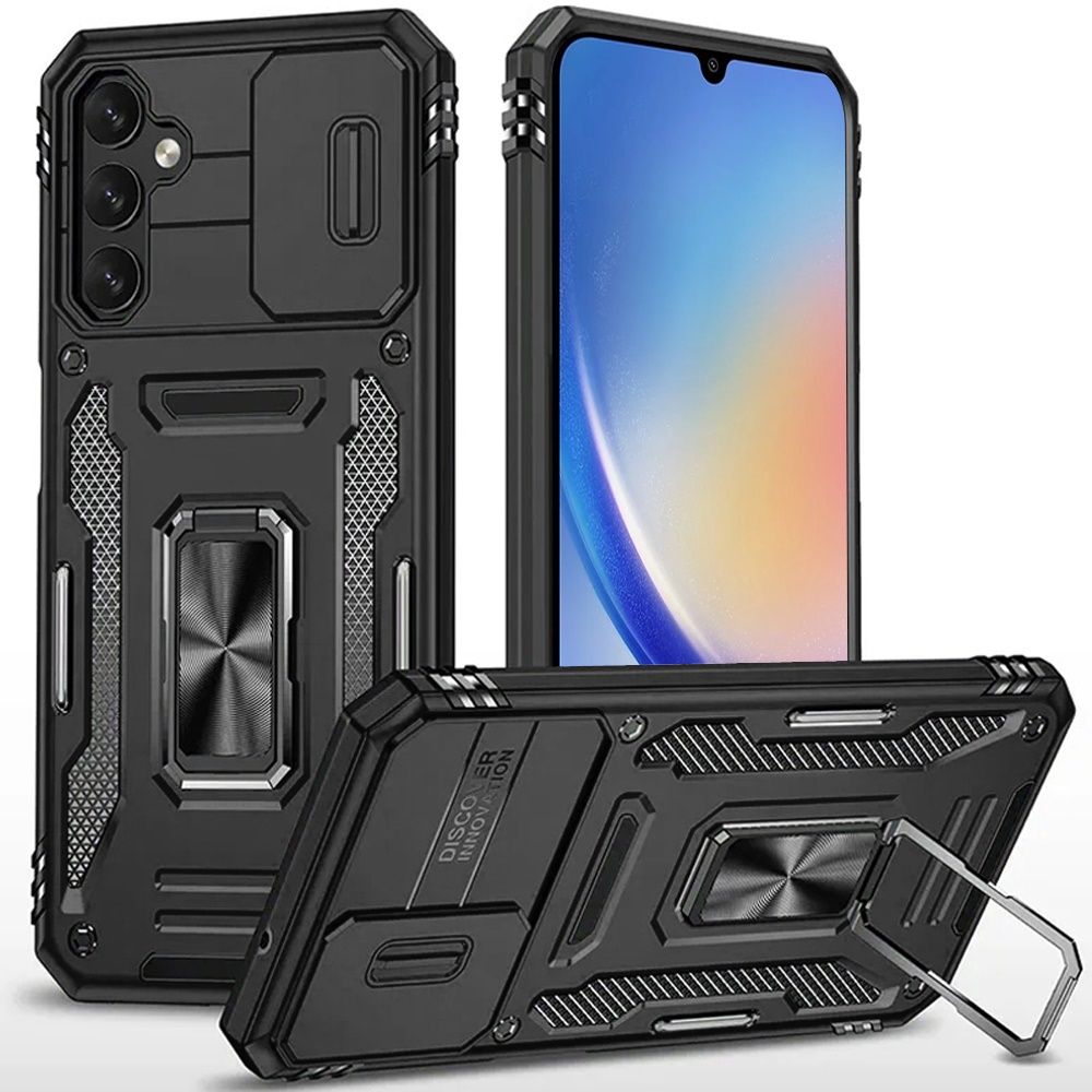 For Samsung A15 5G Utter Tough Metal Ring Movable Camera Window Hybrid Case Cover - Black