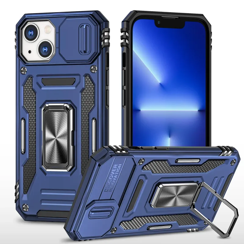 Utter Tough Metal Ring Movable Camera Window Hybrid Case Cover For Apple iPhone 14 6.1"- Navy blue