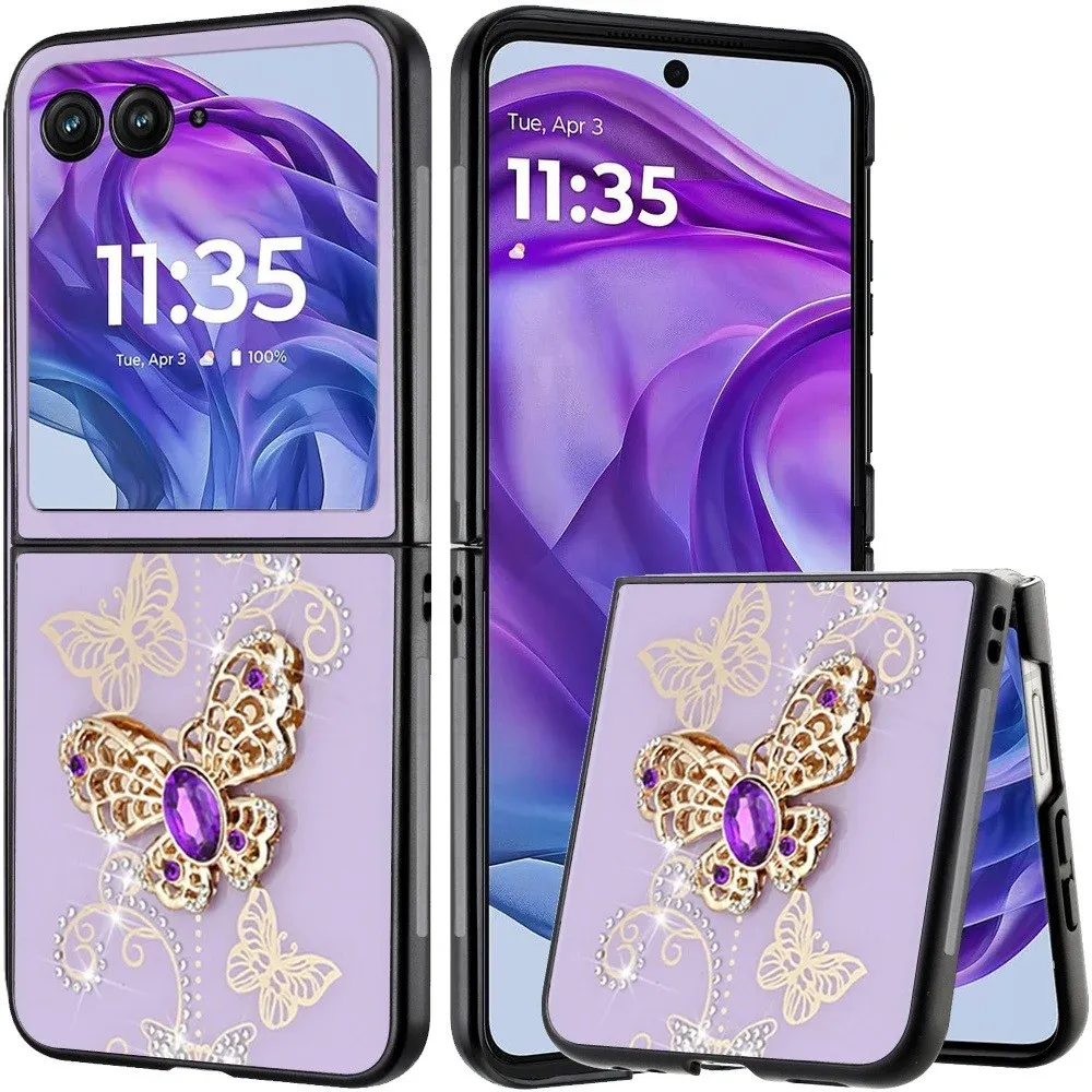 SPLENDID Diamond Glitter Ornaments Engraving Case Cover For Motorola Razr+ Plus 2024- Garden Butterflies Purple