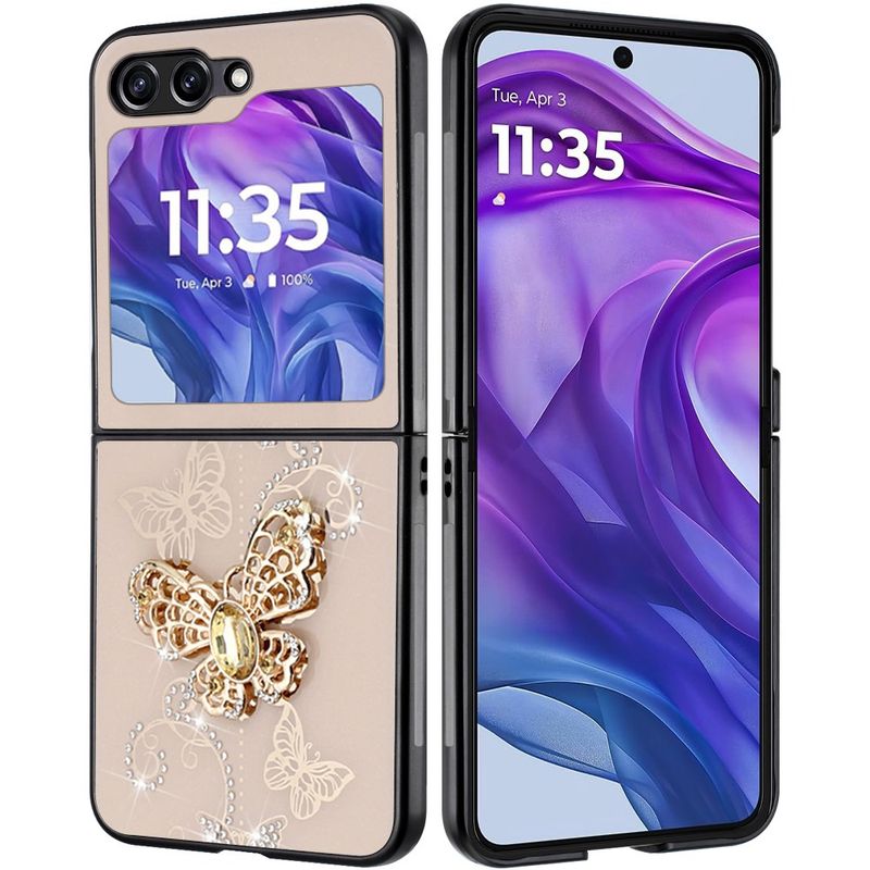 For Motorola Razr 2024 SPLENDID Diamond Glitter Ornaments Engraving Case Cover - Garden Butterflies Gold