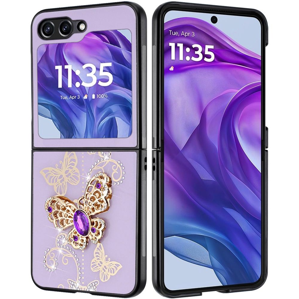 For Motorola Razr 2024 SPLENDID Diamond Glitter Ornaments Engraving Case Cover - Garden Butterflies Purple