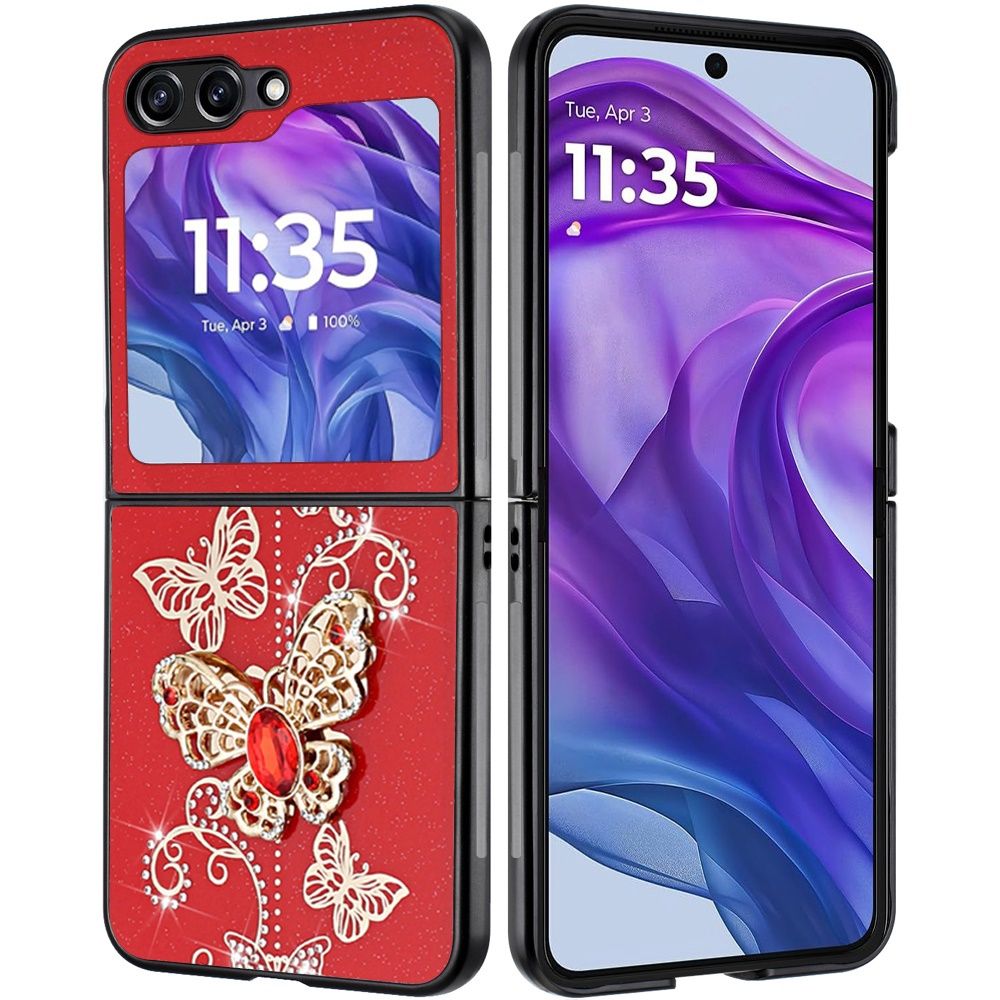 For Motorola Razr 2024 SPLENDID Diamond Glitter Ornaments Engraving Case Cover - Garden Butterflies Red