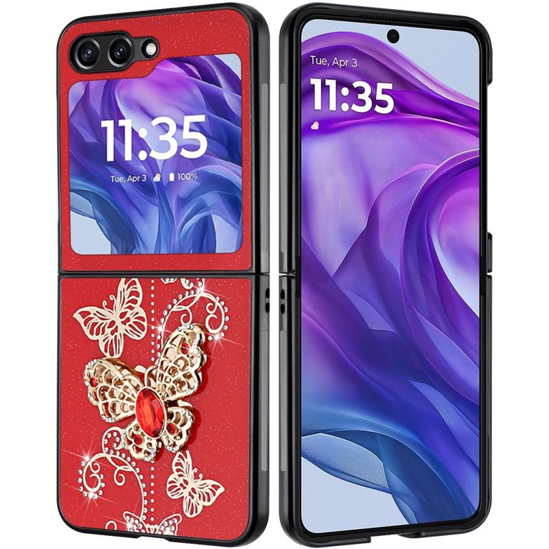For Motorola Razr 2024 SPLENDID Diamond Glitter Ornaments Engraving Case Cover - Garden Butterflies Red