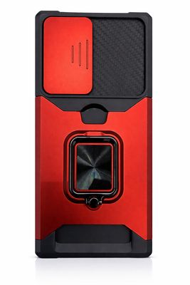 For Samsung S23 Ultra Multi-Functional Card Magnetic Ring Stand Hybrid Camera Case Cover - Red