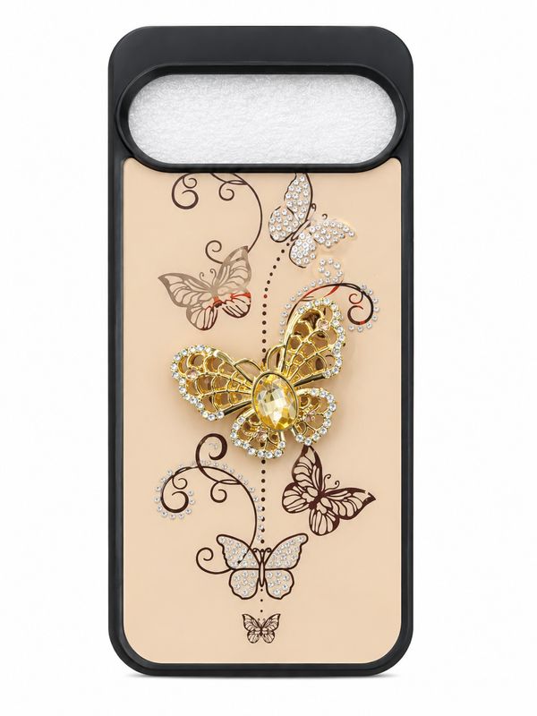 SPLENDID Diamond Glitter Ornaments Engraving Case Cover for Google Pixel 9/9 Pro 6.8 inch  - Garden Butterflies Gold