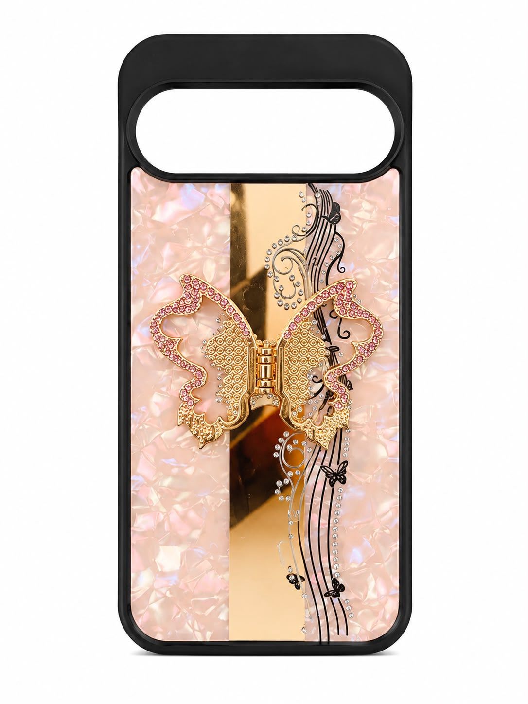 SPLENDID Diamond Glitter Ornaments Engraving Case Cover for Google Pixel 9 Pro XL 6.8 inch - Enchanted Butterfly Gold
