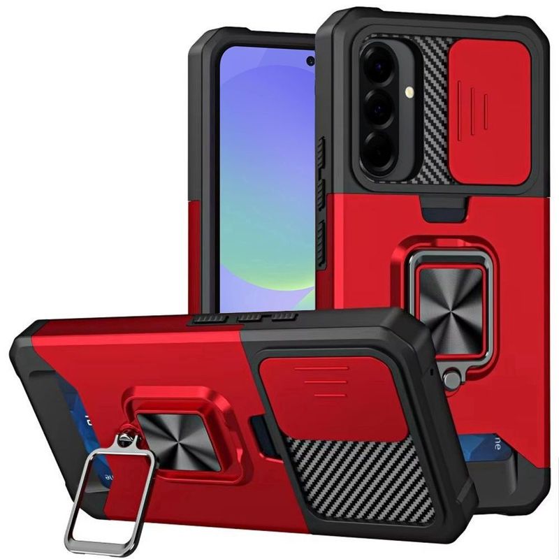 For Samsung Galaxy s24 Ultra Multi-Functional Card Magnetic Ring Stand Hybrid Camera Case Cover - Red