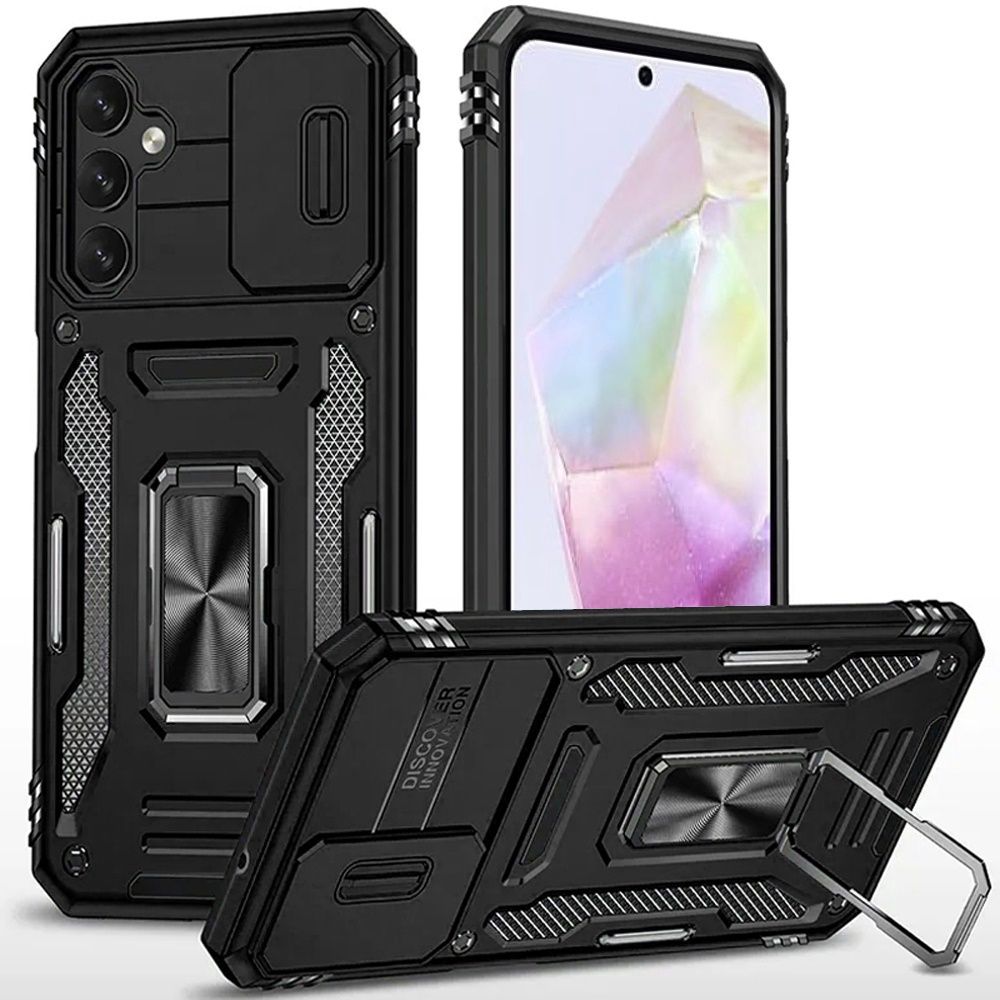 Samsung A14 5G Utter Tough Metal Ring Movable Camera Window Hybrid Case Cover - Black