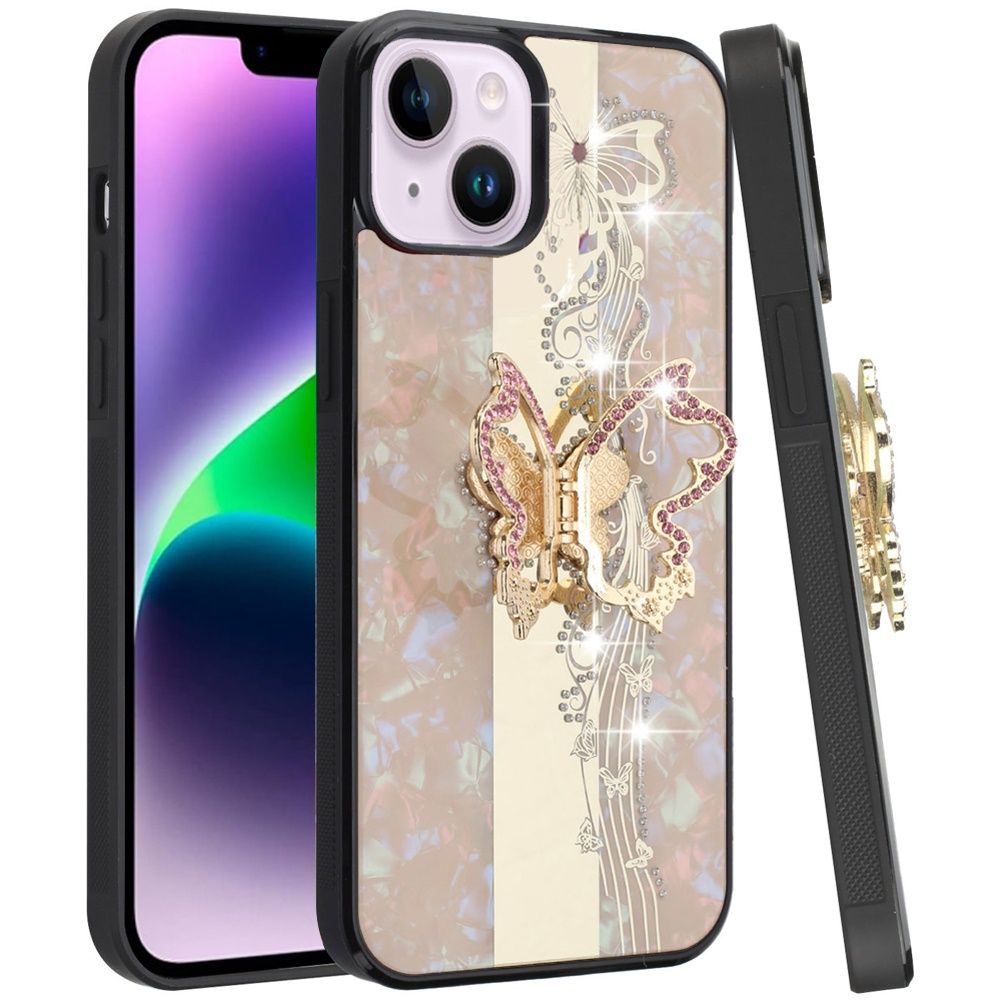 For iPhone 14/iPhone 13 SPLENDID Diamond Glitter Ornaments Engraving Case Cover - Enchanted Butterfly Gold